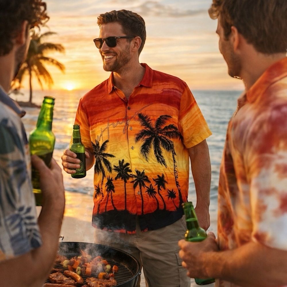 HUGO BOSS Shirt Mens XL Red Button Up Hawaiian Palm Tree Resortwear Tropical Sun